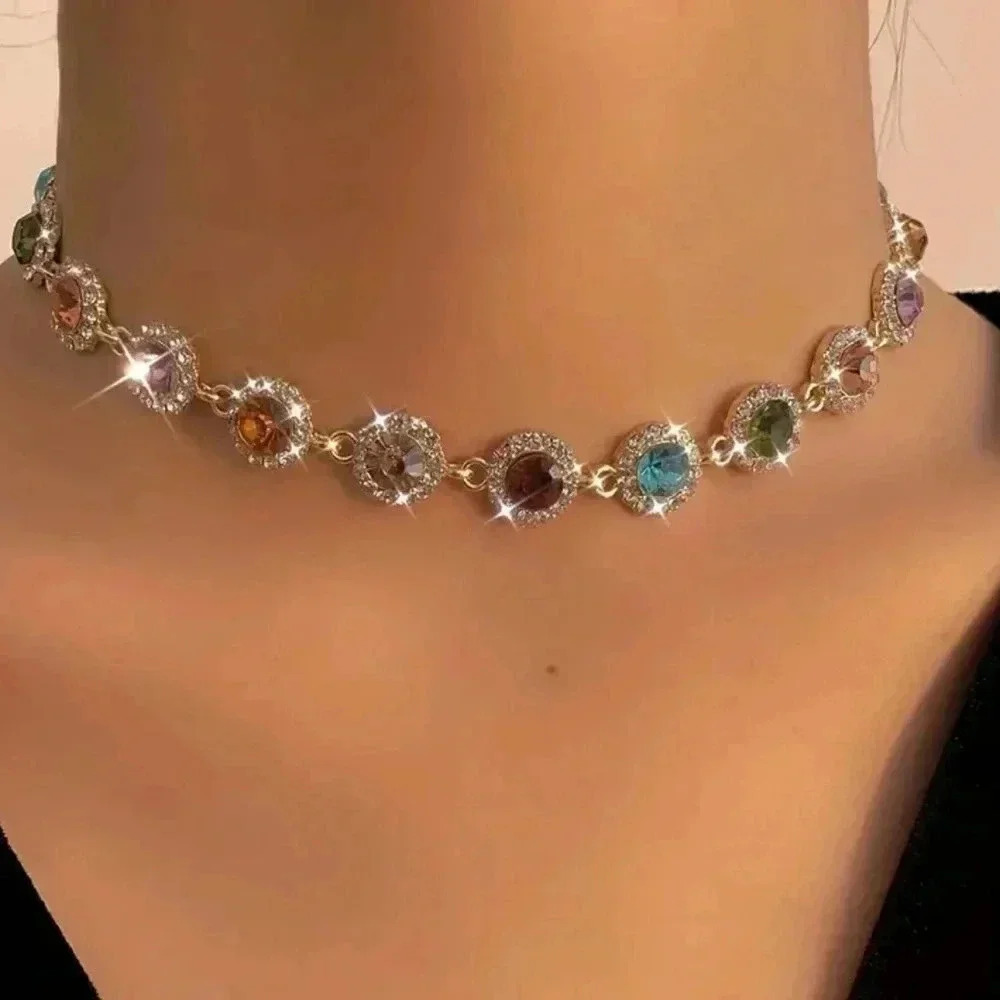 Stylish cororful rhinestones necklace gold plated